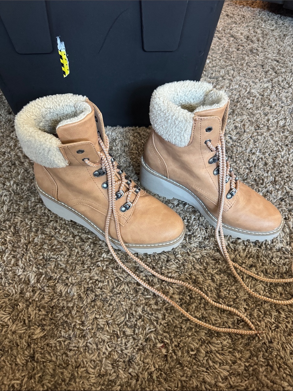 Dolce Vita Beige Lace-Up Shearling-Trim Moto Boots
